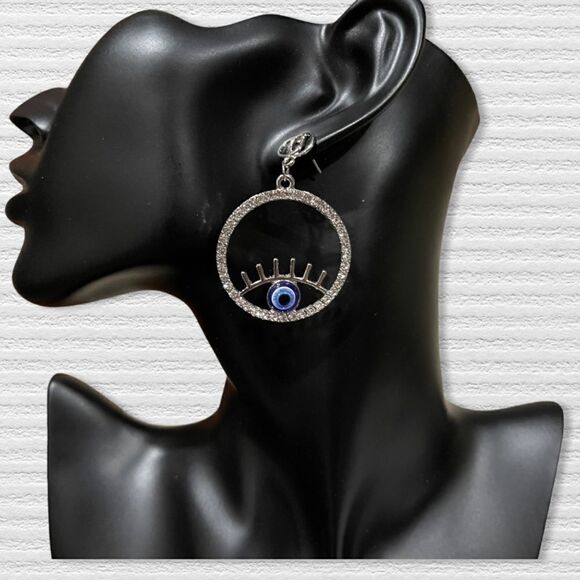 3/$25❗️Large Evil Eye Rhinestone Hoop Earrings 🧿 - Picture 2 of 3